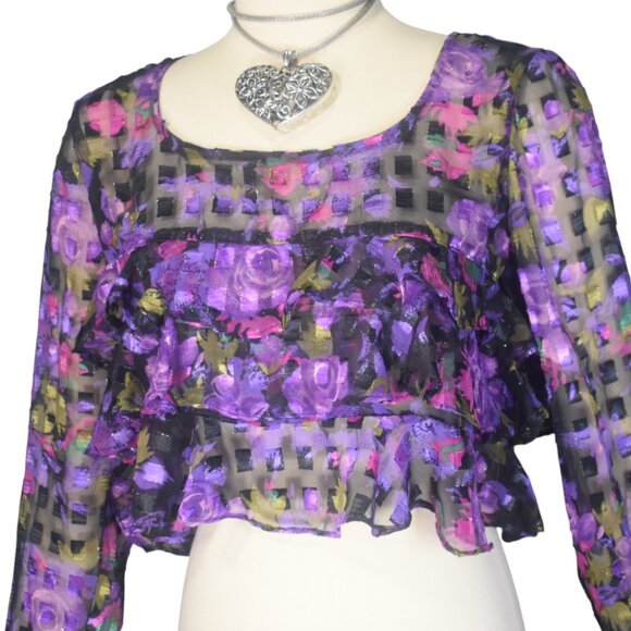 Vintage 90s Sheer Ruffle Floral Crop Top Long Sleeves L - Picture 2 of 8